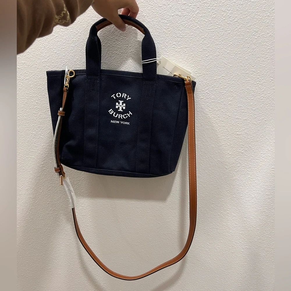 Tory Burch Navy Canvas Mini Tote with Tan Leather Strap